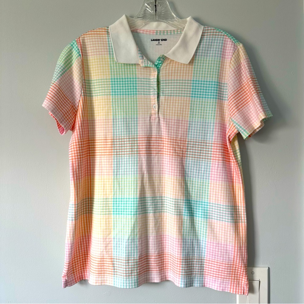 Lands’ End Multi Colored Rainbow Checkered Pattern Short Sleeve Polo Shirt M